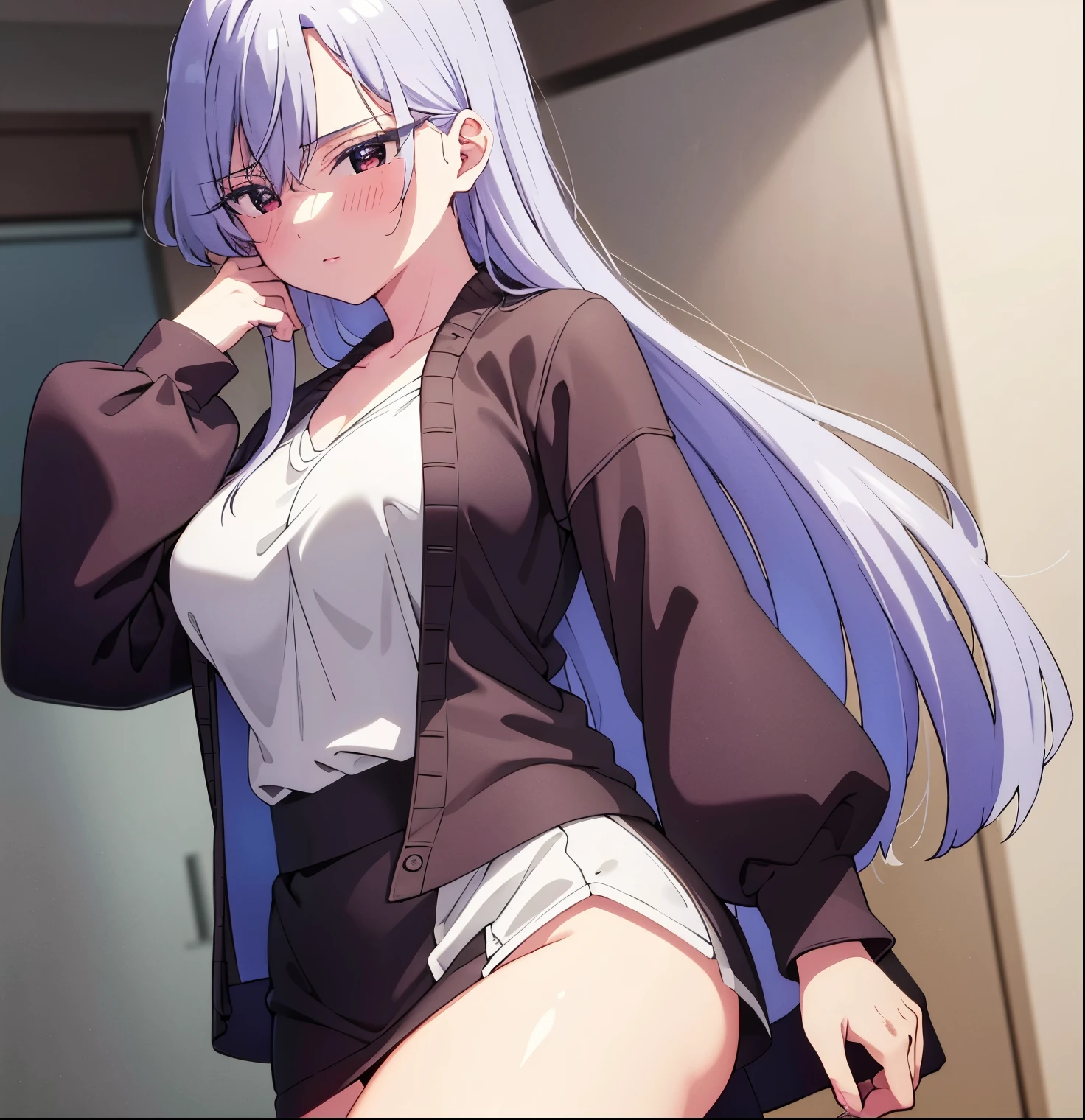 1 girl, solo, eiai nano, best quality, high resolution, ultra detailed, Nano, drunk, nightgown_outfit, panties showing, gray hair, upper body, lower body, very long hair, medium breasts, medium waist, hip wide, medium thighs, leaning forward: 1.2, blouse, white nightgown, transparent clothing, anime, blush, 1 girl, MILF, room, perfect hands, perfect anatomy.