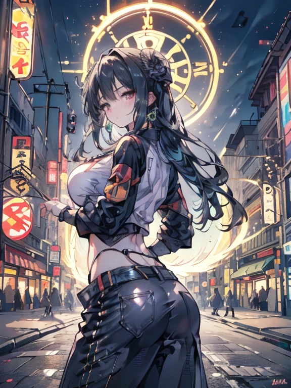 (Backlight,belly button:1.1,Black Hair),Beautiful woman in uniform in downtown Gintama, Surrounded by vendors, Beautiful portrait of a stunning goddess girl, Beautifully detailed face, Porcelain Skin, Half Body Shot, Centered,((outside,night,Big neon,Strong neon lighting,Rim Light,Two-tone lighting))),