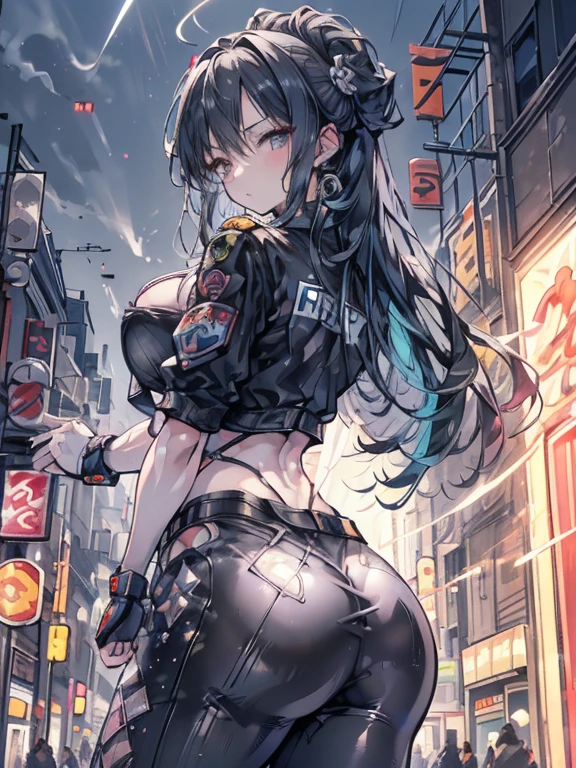 (Backlight,belly button:1.1,Black Hair),Beautiful woman in uniform in downtown Gintama, Surrounded by vendors, Beautiful portrait of a stunning goddess girl, Beautifully detailed face, Porcelain Skin, Half Body Shot, Centered,((outside,night,Big neon,Strong neon lighting,Rim Light,Two-tone lighting))),