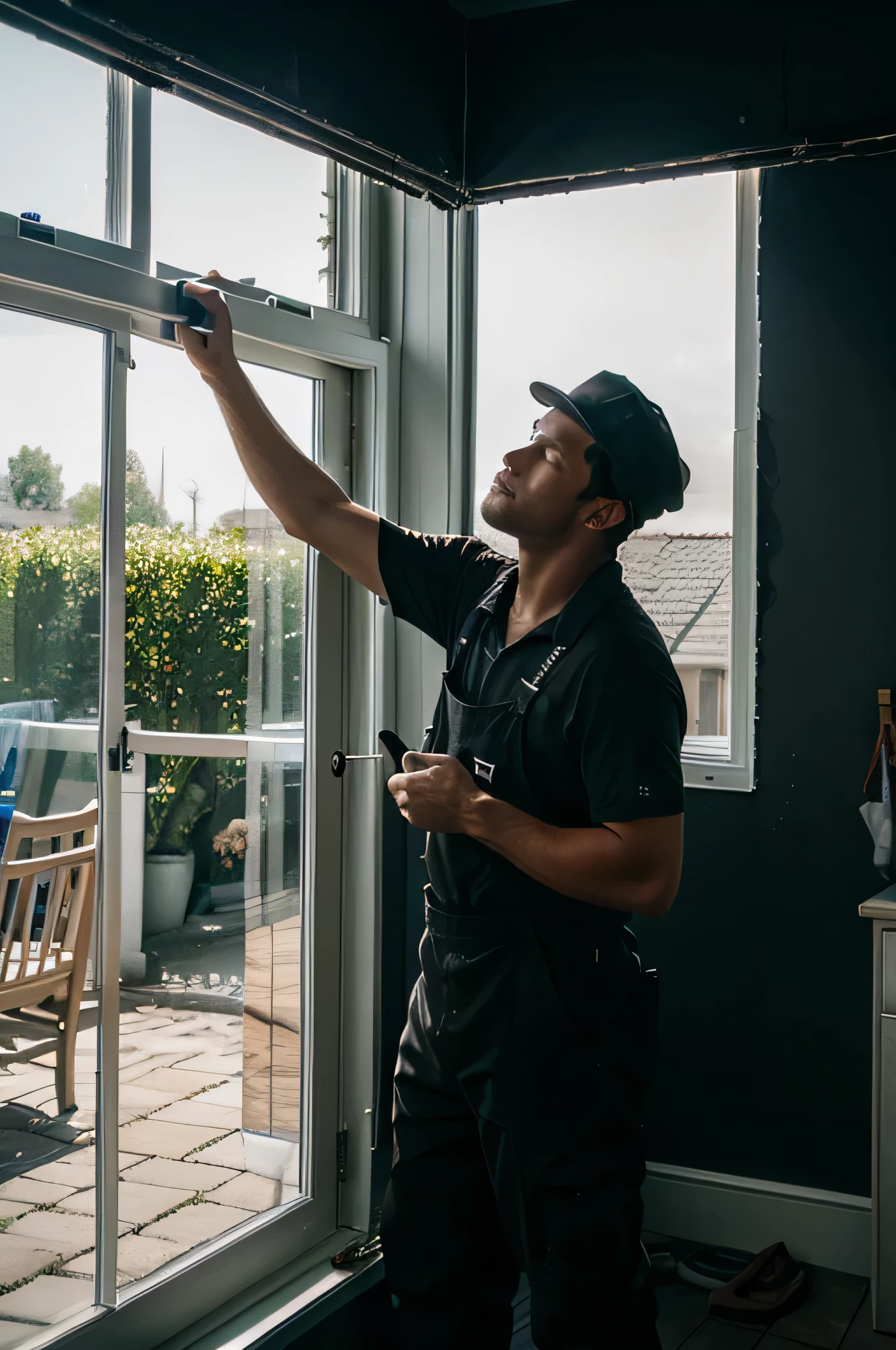 HIGH QUALITY IMAGE OF A WORKER APPLYING BLACK FILM TO THE WINDOW OF A HOUSE