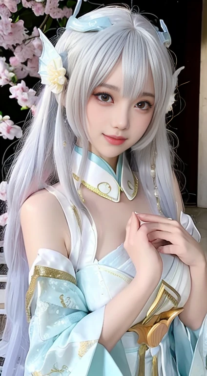(Urzan-6500-V1.1:0.8),(RAW Photos:1.2),((Realistic:1.4)),(Upper Body),highest quality ,masterpiece, Very delicate and beautiful, Very detailed ,CG ,Unity ,8k wallpaper, wonderful, Fine details, masterpiece,highest quality,Official Art,Very detailed Cg Unity 8k wallpaper,Absurd, unbelievably ridiculous, Huge file sizes, Very detailedな, High resolution, Very detailed,Beautiful detailed girl, Very detailed eyes and face, Beautiful fine details,Light on face,Cinema Lighting,One girl,Displaying the viewer,East Asian architecture,(The background is blurred:1.2),cherry blossoms, Lantern Light, Depth of written boundary,