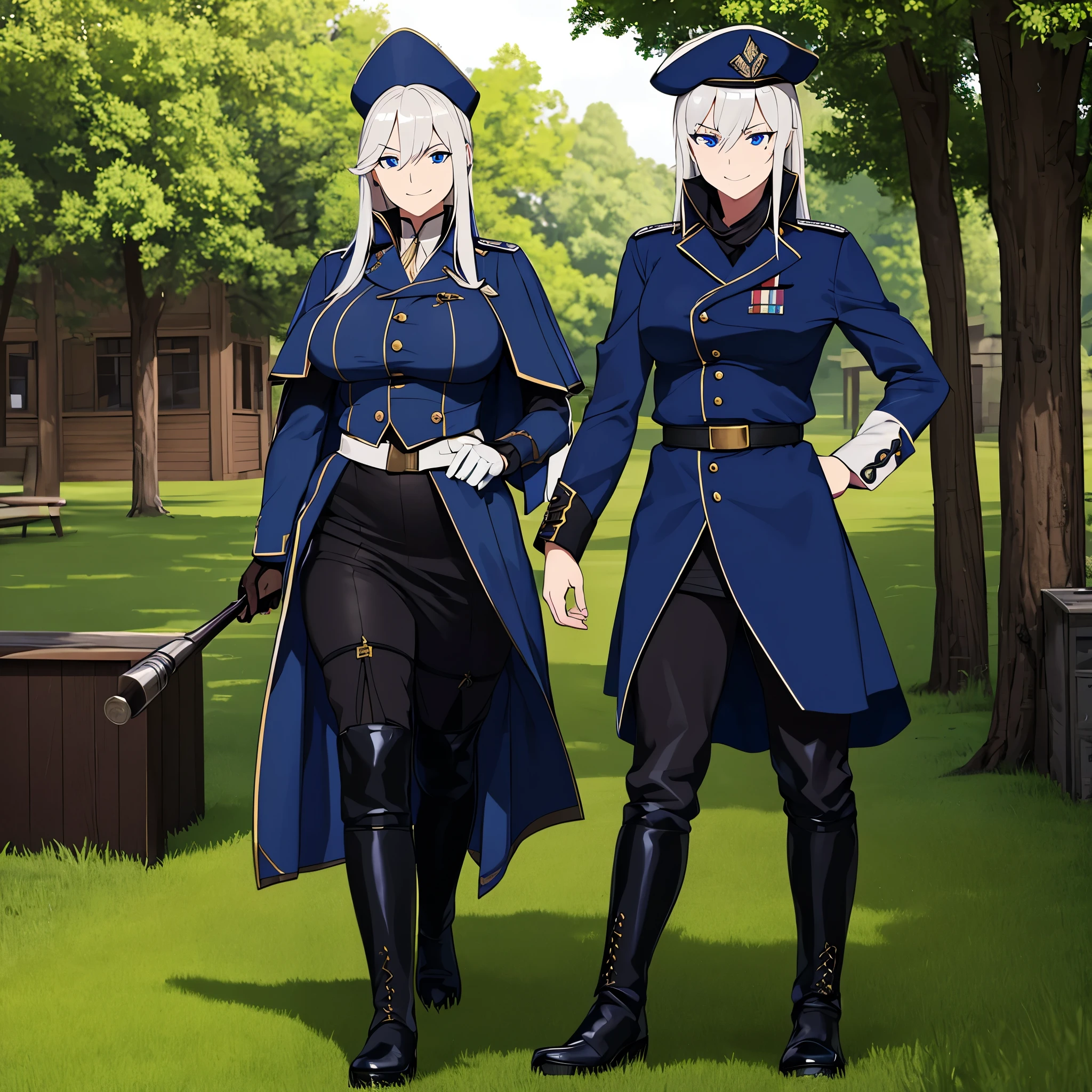 a woman wearing an 18th century American military uniform, blue military coat, military hat, black military boots, black military pants, shoulder length silver hair, smiling blue eyes, big breasts, perfect eyes, walking in a battlefield, HDR , ultra resolution, sharp, masterpiece, 8K HD (solo woaman)