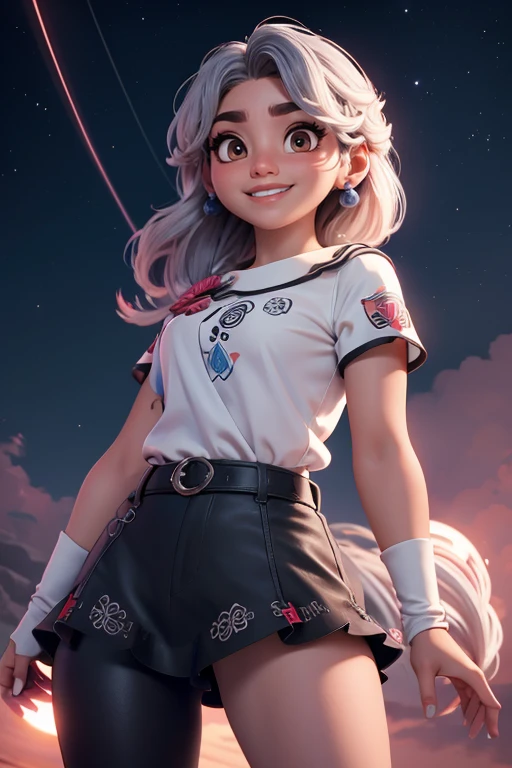 rosalina, ,pendientes ,pintalabios rojo, sombra de ojos azul, maquillaje pesado ,uniforme del equipo cohete, letra roja R, falda blanca,top corto blanco,botas negras hasta el muslo, guantes negros hasta el codo, Sonrisa maligna, mirando hacia abajo al espectador, sentado ,piernas cruzadas, fondo del cielo nocturno