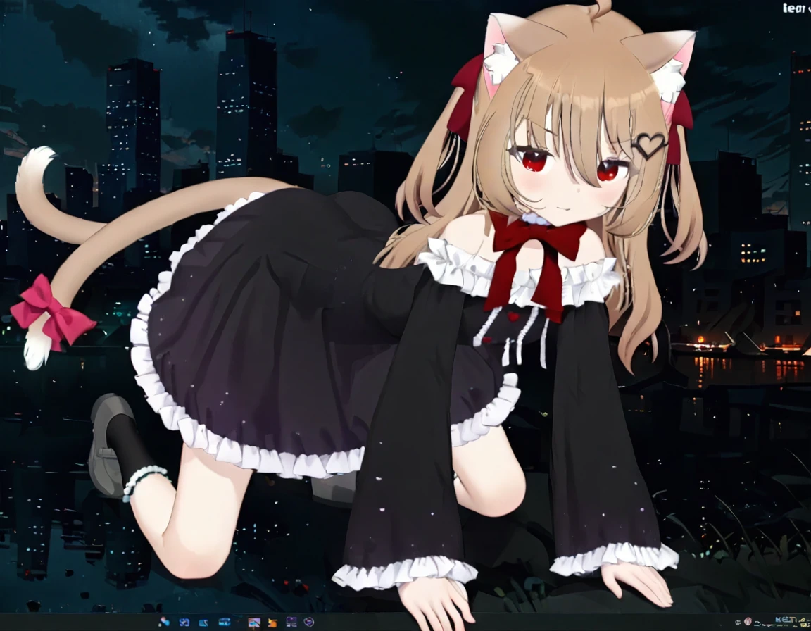 1girl, evil neuro-sama, (yuzu modoki), red eyes, light brown hair, ahoge, two side up, hair ribbon, dark red ribbon, heart hair ornament, black dress, frilled dress, off-shoulder dress, bare shoulders, frilled choker, long sleeves, red bow, red buttons, black heart, black socks, frilled socks, grey footwear, loafers, (masterpiece, best quality), highly detailed, finely detailed, natural lighting, skyline, night, (3d render:0.7), leash, cat ears, cat tail, tail bow, all fours, translucent, see-through,