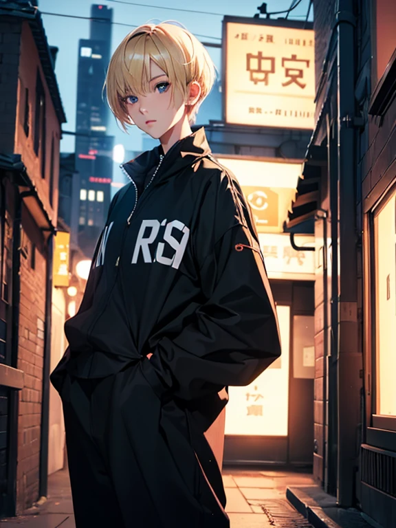 One woman、blonde, Very Short Hair、,Night Light ((8k, Hmm.., Surreal))、Wear cool clothes。I'It'Not exposed、dress properly、sunset