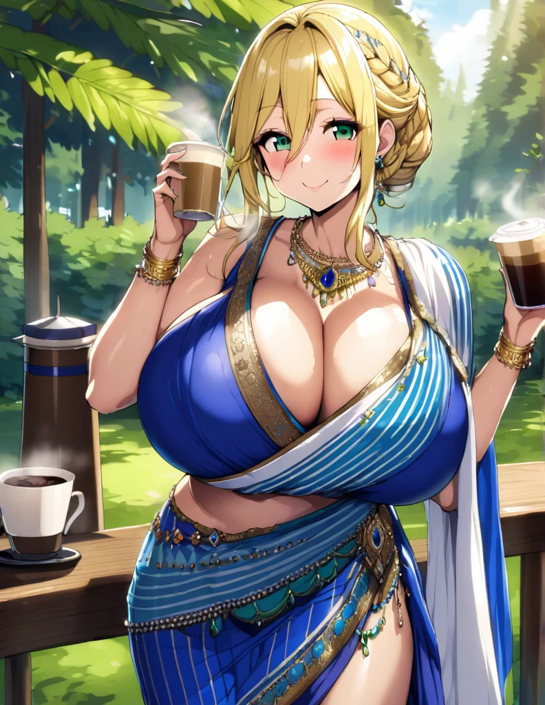 (glamorous woman:1.3)、(Beautiful huge breasts:1.2)、(french Braid:1.2)、(yellow hair:1.1)、(green eyes:1.1)、(hair between eyes:1.2)、(little necklace in sapphire:1.1)、(sari with blue stripes:1.3)、happy,forest background,Drink coffee、closed mouth,