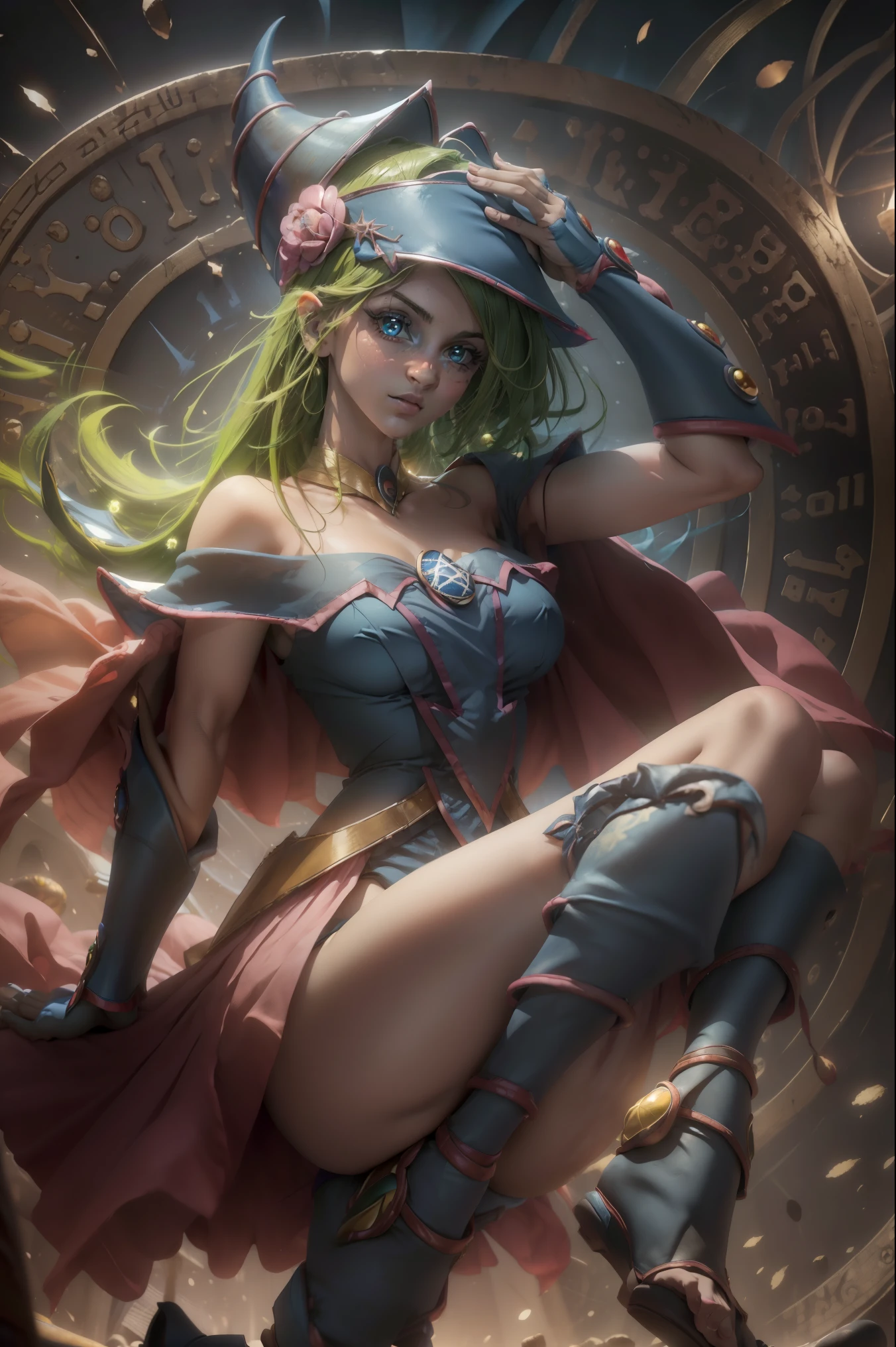 chica maga oscura, Maga Oscura, pelo rubio, gargantilla, (ojos verdes:1.5), ancho,
PELELE hombros descubiertos, calzado azul, rubor, rubor pegatinas, escote, clavicle, Monstruo de duelo, tiene, fuera del hombro, pentacle, wizard tiene, (ropa azul:1.5), tiene tacones dorados. Usa tacones dorados, pose de pie en un solo pie. Con tacones
PELELE mirando al espectador,
PELELE al aire libre, ciudad,
ROMPER (obra maestra:1.2), Mejor calidad, high resolution, fondo de pantalla de unidad 8k, (illustration:0.8), (hermosos ojos detallados:1.6), cara extremadamente detallada, Perfect lighting, CG extremadamente detallado, (manos perfectas, perfect ???????),