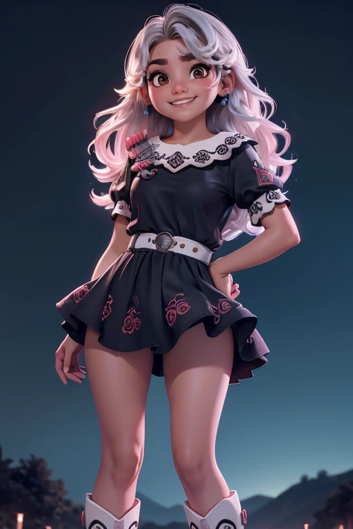 rosalina, ,pendientes ,pintalabios rojo, sombra de ojos azul, maquillaje pesado ,uniforme del equipo cohete, letra roja R, falda blanca,top corto blanco,botas negras hasta el muslo, guantes negros hasta el codo, Sonrisa maligna, mirando hacia abajo al espectador, sentado ,piernas cruzadas, fondo del cielo nocturno