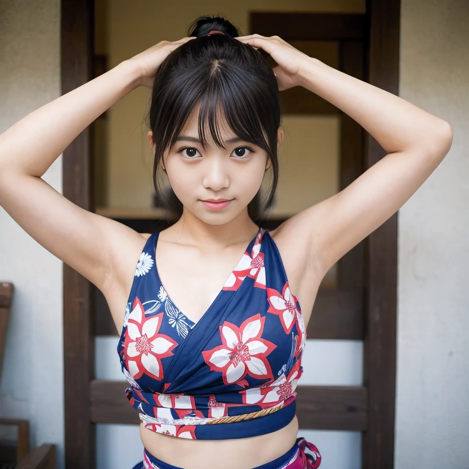 A girl,18 year old,sleeveless,yukata,Kunoichi,armpit