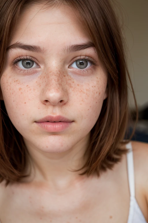 A worried red headed 22yo woman. Medium Close up. Freckles. Upper chest