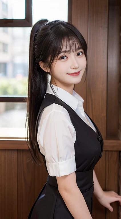 (highest quality,masterpiece:1.3,Ultra-high resolution,),(Very detailed,Caustics),(Photorealistic:1.4,RAW shooting,)Ultra-Realistic Capture,Very detailed,High resolution 16K human skin closeup。 Natural skin texture、,Pores、、、It must be detailed enough to be easily identifiable。 Skin tone is even and healthy looking。 Use natural light and color,restaurant,Waitress Uniform,1 girl,Japanese,18-year-old,cute,Black-haired,ponytail,Big Breasts,smile,Turn your body forward,(Front view:1.1),Looking at the camera,Cowboy Shot,