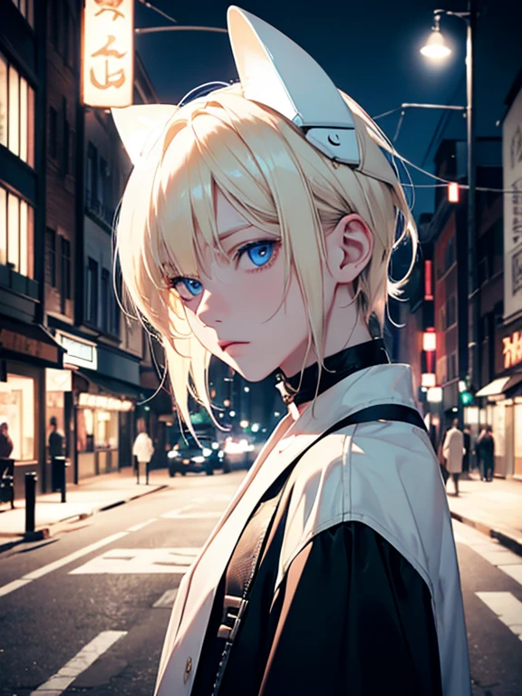albino,blonde, blue eyes, ,Night Light ((8k, Hmm., Surreal))、Wearing cool clothes。I'It'blue sea、白いSandy Beachを歩く、Are crying、Reduce exposure、summer、sunset、Sandy Beach