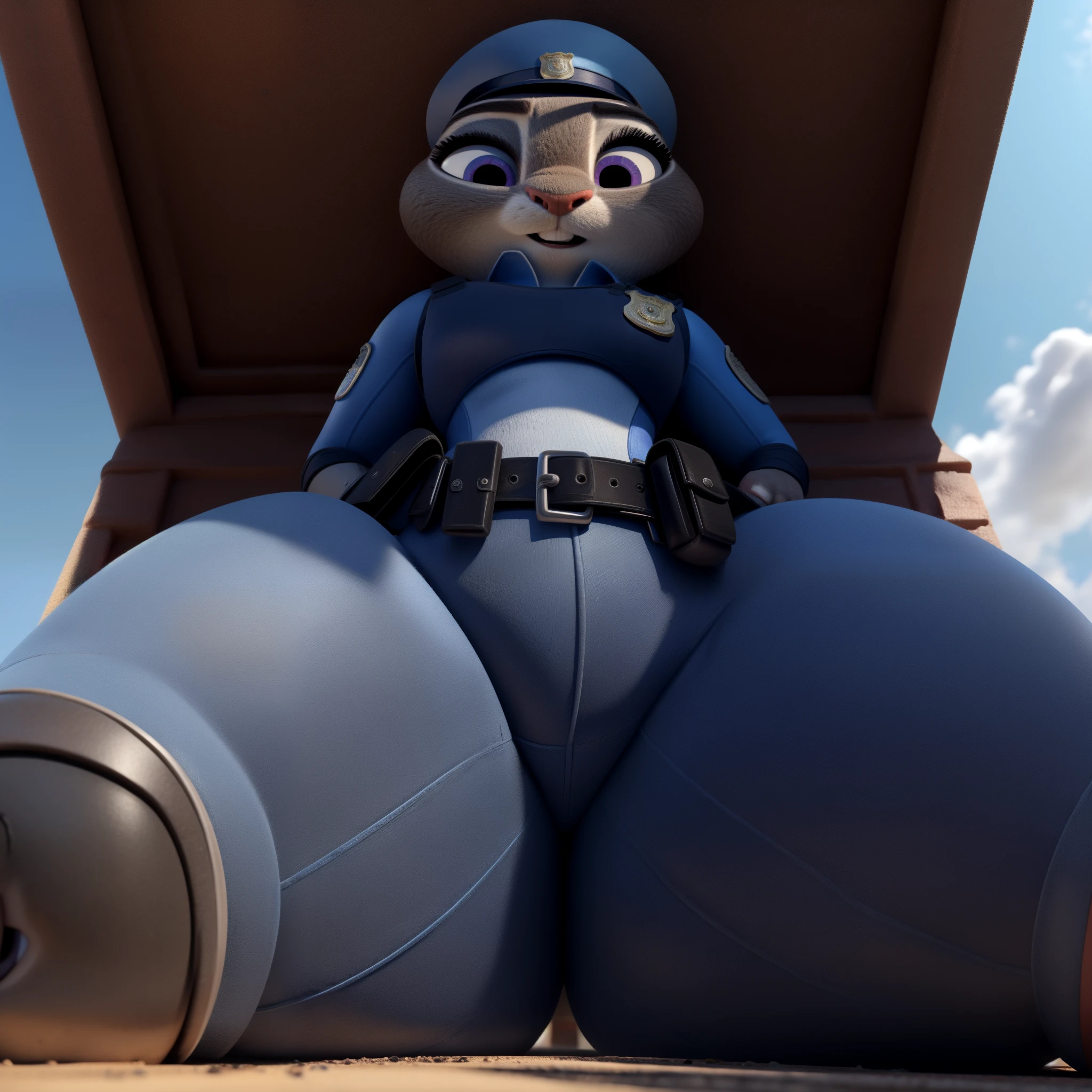 orejas hacia abajo, (Mejor calidad, Obra maestra:1), peluda hembra antro judyhopps, retrato, uniforme de policia, uniforme completo, cola de conejo, police belt, police badge, pantalones azules, sonrisa, ojos morados, pelaje del cuerpo, estilo pixar 3d, cuerpo completo, by qupostuv35, ((Macro)), ((wide hips)), on mexico, curvy ass, ((big thighs)), best quality, crushing thighs, lying face down