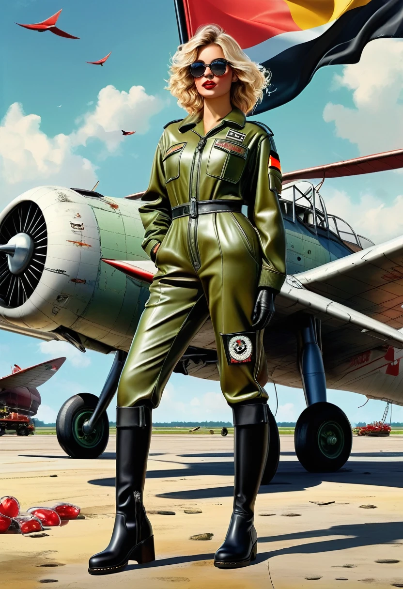 A captivating, high-quality rendering of a stunning young German Fräulein, aged 25, with short, curly disheveled blonde hair and bangs, standing beside a vibrant crème-yellow Sails-plane wreck with the German registration D-EKP and German flag on the fin. The lady, dressed in an oil-stained mid-green leather mechanic overall with the small black lettering "KPR Aviation" on the left upper side, wearing black gloves and boots, is licking a red colored lolipop. Behind her, a photorealistic airfield features a wooden hangar with a German flag, showcasing authentic lighting, detailed airplane wrecks, toolboxes, and a realistic building with a small German flag. The overall atmosphere is lively and dynamic, with atmospheric lighting enhancing the cinematic feel, fashion, and portrait photography., cinematic, portrait photography, fashion