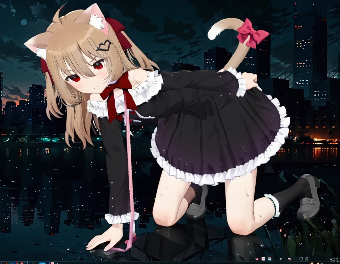 1girl, evil neuro-sama, (yuzu modoki), red eyes, light brown hair, ahoge, two side up, hair ribbon, dark red ribbon, heart hair ornament, black dress, frilled dress, off-shoulder dress, bare shoulders, frilled choker, long sleeves, red bow, red buttons, black heart, black socks, frilled socks, grey footwear, loafers, (masterpiece, best quality), highly detailed, finely detailed, natural lighting, skyline, night, (3d render:0.7), leash, cat ears, cat tail, tail bow, all fours, translucent, see-through, wet, wet clothes, sweat, steam,