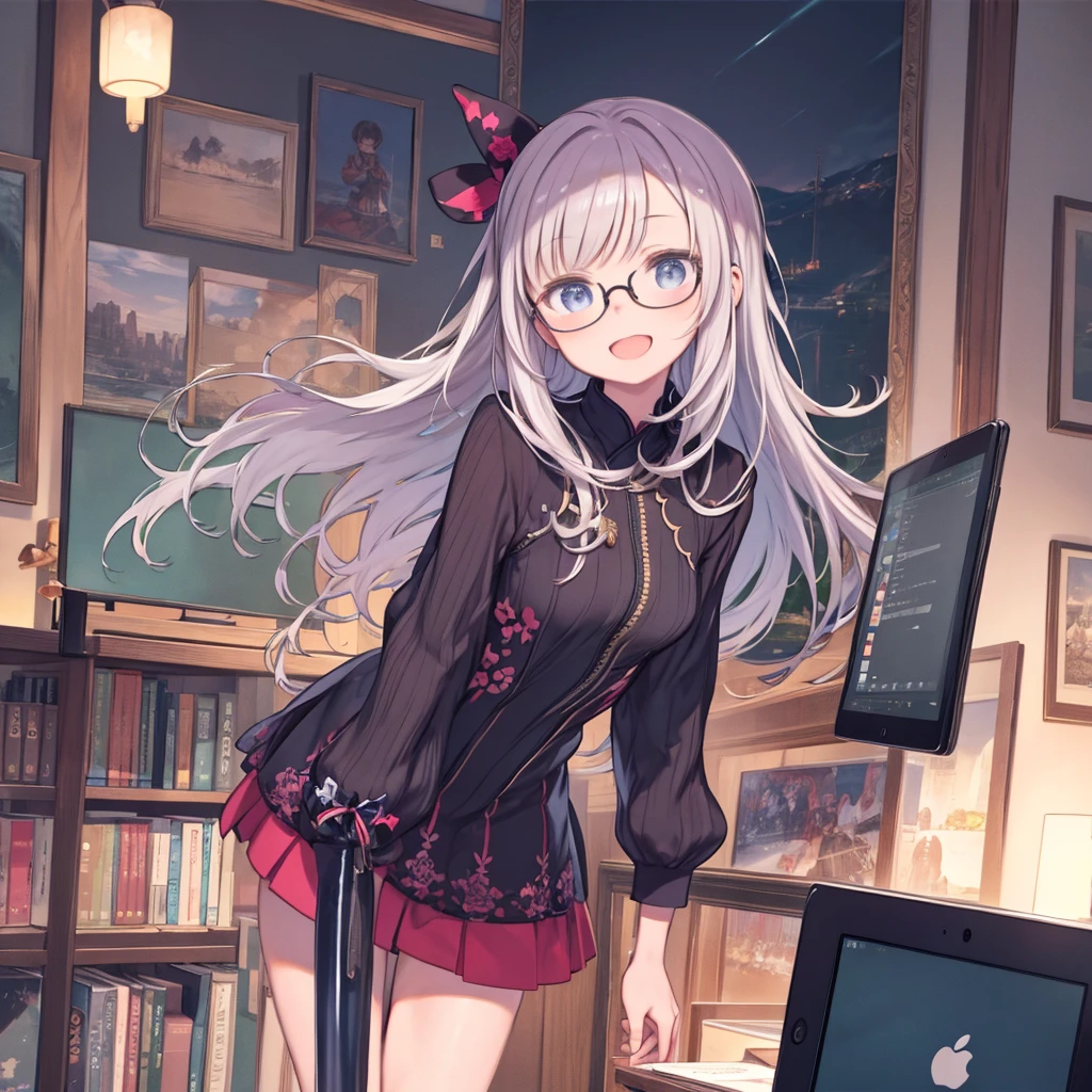 masterpiece、highest quality、High resolution、Very detailed、Medium wide shot、Cowboy Shot、Girl、Illustrator、Drawing illustrations on a tablet、Leaning forward、laughing、Glasses、Glassesにモニターの映像が反射している、Dark Room、indoor、Flashy clothes、Colorful clothes、night、
