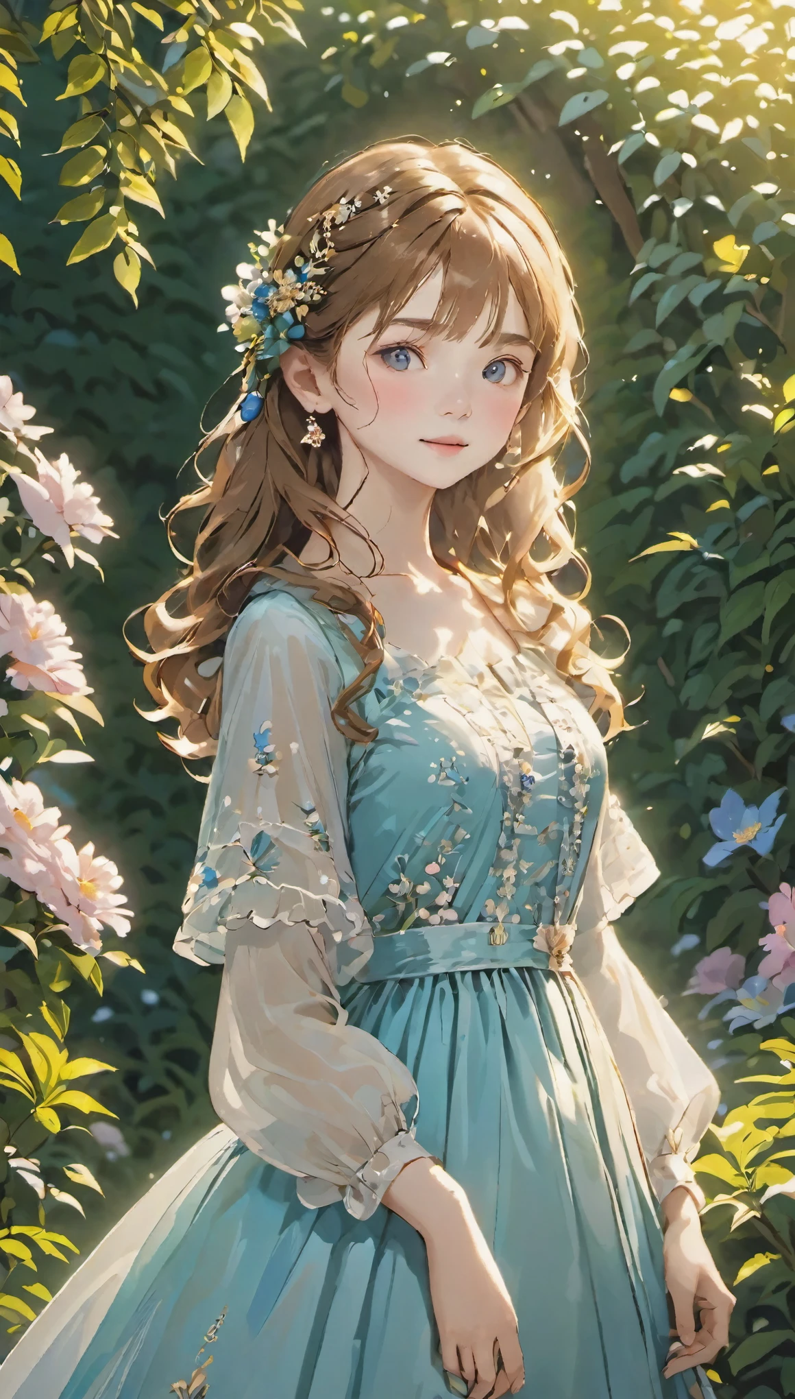 One Girl、Upper Body、Cute face、Beautiful Eyes、Perfect beauty、Perfect Anatomy、Perfectly built、beautiful luxury dress、Intricate decoration、sunlight、Extreme Detail、Rally background with realistic proportions、garden、Beautiful gardens