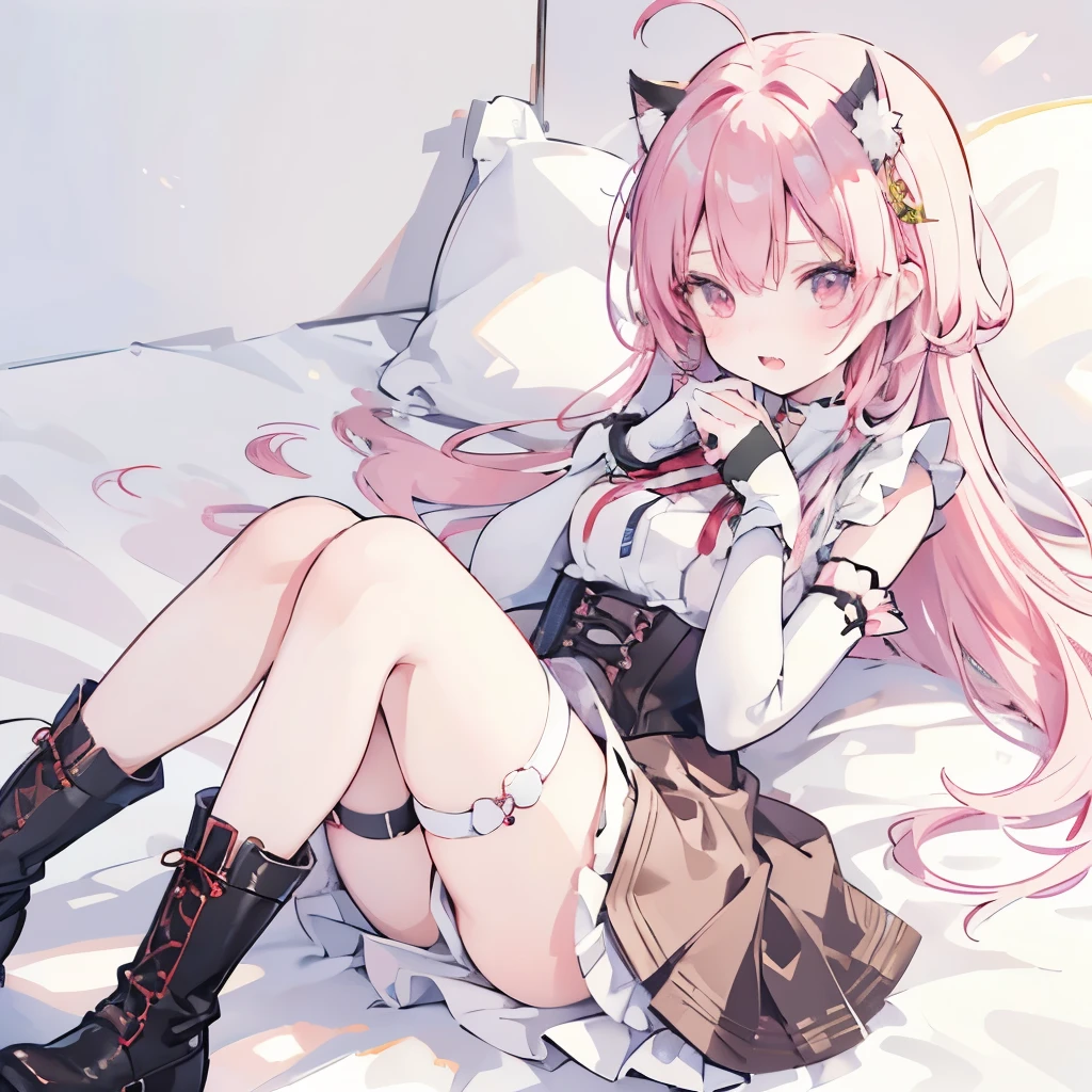 Fox girl,Cat girl,Skinny,breast reduction,lying among colorful flashes, among colorful, soft colours background, stroking own chin,reaching,arm at side,knees together feet apart,red hair,medium hair,ahoge,red eyes,White skin,evil seductive,smug, open mouth, cute anime fangs, subtle blush, dress,corset,skirt,dirndl, suspender skirt,thigh strap,boots,tiara,earclip,choker,elbow gloves,fingerless gloves,gloves,Short Dress,Corset,View From Above,Overhead View,Red,White,Brown,Elegant,Eye Makeup, laying ,Cute, cute eyes, profile wallpaper, earclip, soft colors background, Efecto de colores alrededor, surrounded by colorful lights, pastel colors background, liying on colorful bed, colorful blankets, bed sheet background