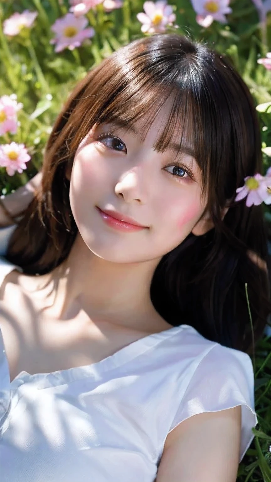 (highest quality,masterpiece:1.3,ultra high resolution),(Super detailed,caustics,8k),(photorealistic:1.4,RAW shooting),(girl lying in a flower field),18-year-old,cute,Japanese,black short hair,look up at the camera with a smile,white blouse,(big ),bust up shot,(high position),(high angle),face focus,face close up,bright light,Natural light,professional writing
