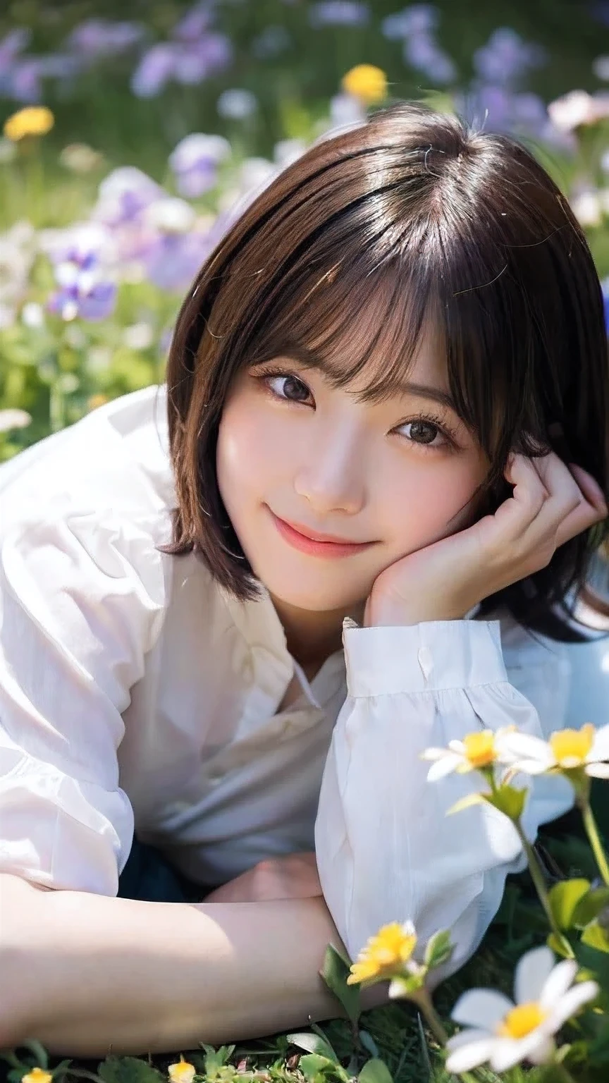 (highest quality,masterpiece:1.3,ultra high resolution),(Super detailed,caustics,8k),(photorealistic:1.4,RAW shooting),(girl lying in a flower field),18-year-old,cute,Japanese,black short hair,look up at the camera with a smile,white blouse,(big ),bust up shot,(high position),(high angle),face focus,face close up,bright light,Natural light,professional writing