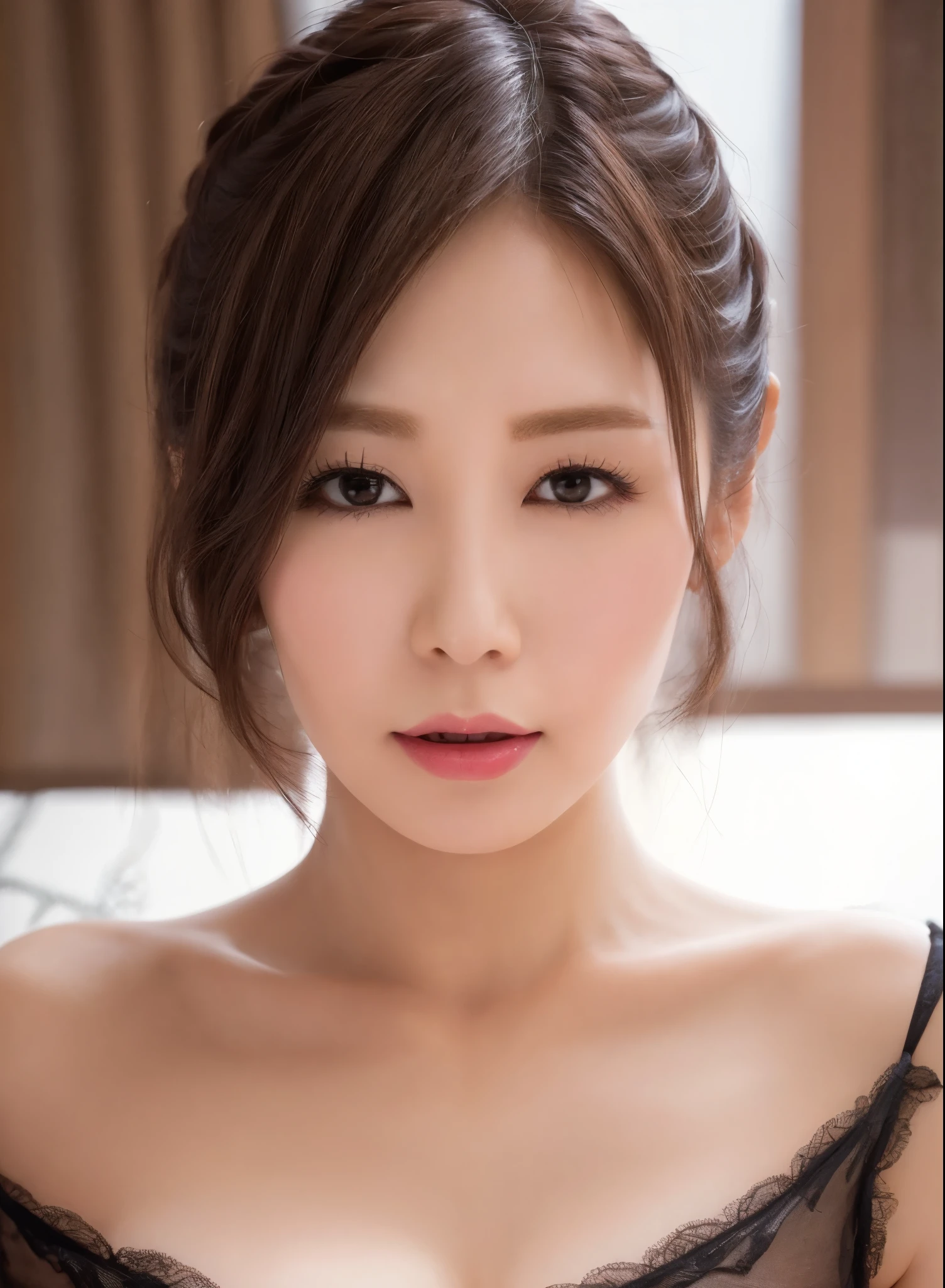 masterpiece,best quality, (1 milf), ((close up:1)), glare, gorgeous lace camisole, Clothes with big Cleavage View, double eyelid, eyelash, lip gloss, (seductive expression:1.4, smile:0.2), ((Looking at Viewer)), RAW, ((nobody)), office,