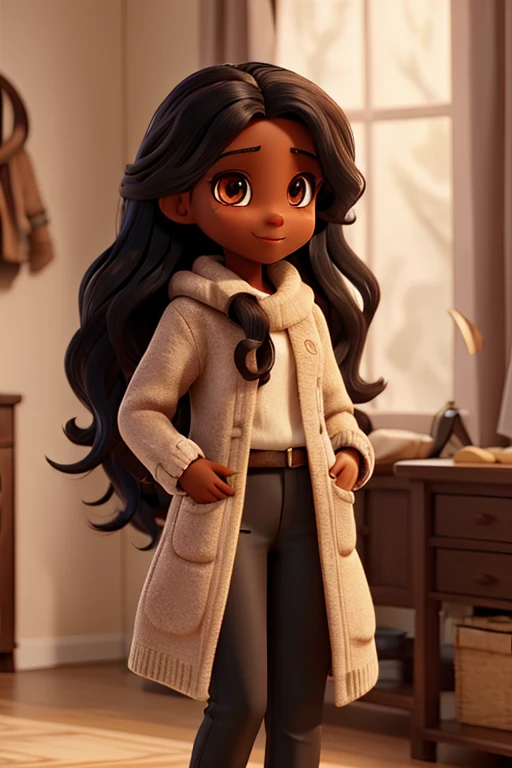 Long black wavy hair, wearing winter clothes, light shade of brown skin