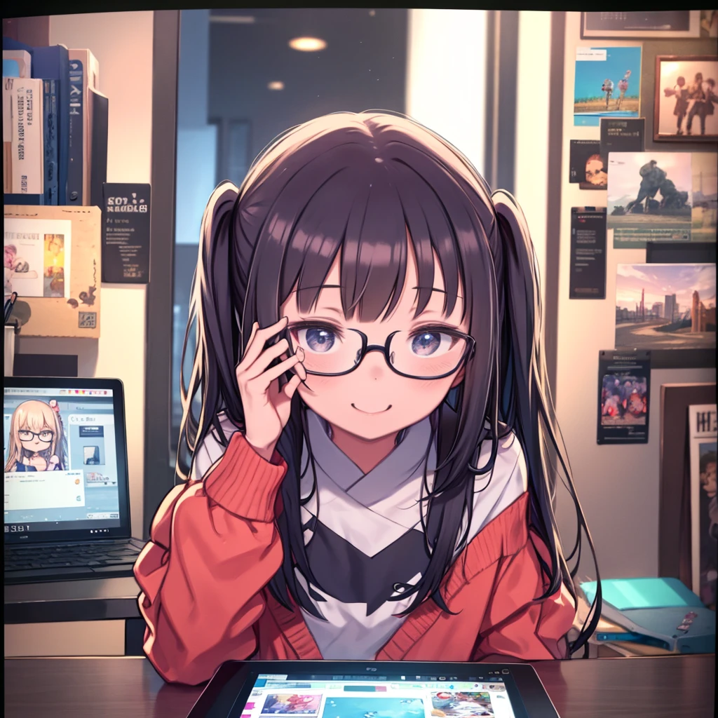 masterpiece、highest quality、High resolution、Very detailed、Medium wide shot、Cowboy Shot、Girl、Illustrator、Staring at your computer monitor、Drawing illustrations on a tablet、Leaning forward、laughing、Glasses、Glassesにモニターの映像が反射している、Dark Room、indoor、Flashy clothes、Colorful clothes、night、YouTuber、