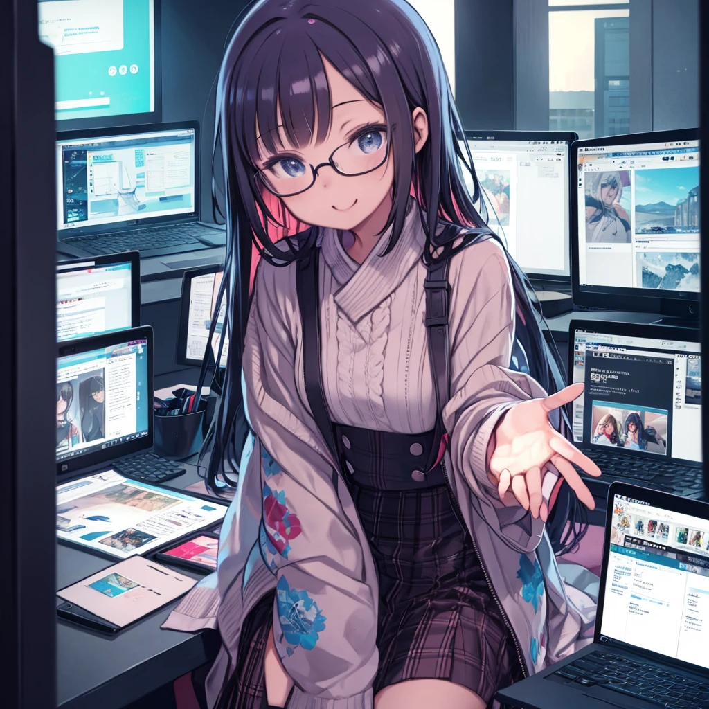 masterpiece、highest quality、High resolution、Very detailed、Medium wide shot、Cowboy Shot、Girl、Illustrator、Staring at your computer monitor、Drawing illustrations on a tablet、Leaning forward、laughing、Glasses、Glassesにモニターの映像が反射している、Dark Room、indoor、Flashy clothes、Colorful clothes、night、YouTuber、