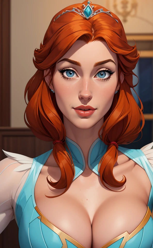 Beautiful portrait mode pose Cartoon character character in dynamic pose two women together redhead Queen Anna of Arendelle redhead with 1,60cm on the left and along with a symmetrical body with corset and beautiful breasts, corpo bem definido, delicado e sensual, estilo de desenho animado, digital illustration Portrait mode
