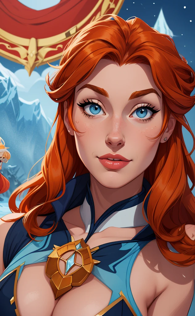 Beautiful portrait mode pose Cartoon character character in dynamic pose two women together redhead Queen Anna of Arendelle redhead with 1,60cm on the left and along with a symmetrical body with corset and beautiful , corpo bem definido, delicado e sensual, estilo de desenho animado, digital illustration Portrait mode