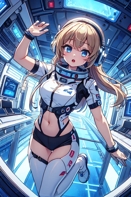 top-quality,Top image quality,In 8k,4K,masterpiece,Ultra-detailliert,beautiful,Ultra-quality, best quality,expensive solve, Ultra-Familiar,game CG,dutch angle,(Acrobatic pose):5,Jumping:5,(inside spacestation,)beautiful Familiar eye,five refer,headphone,Browsing Caution,a beauty girl,(Astro Best):5,(Tracking unishapes),Wet,(vapor:1.5),Running shape,Open Open mouth,(Blonde),(Long Hair):2,belly button,space_station_interior, exercise_room, Futuristic, expensive_technology, zero_gravity_exercise_device, expensive_solve_landscape, Sophisticated_design, Minimal, 8k_solve, game_CG_style, Dutch_angle, Familiar_character, Tracking_unishape, perfection_running_shape, intense_performance, Familiar_eye, decide, vapor:1.5, beauty, strength, five_refer, appear_belly button, Open_mouth, Ultra_quality, expensive_solve, Ultra_Familiar,Astro Best