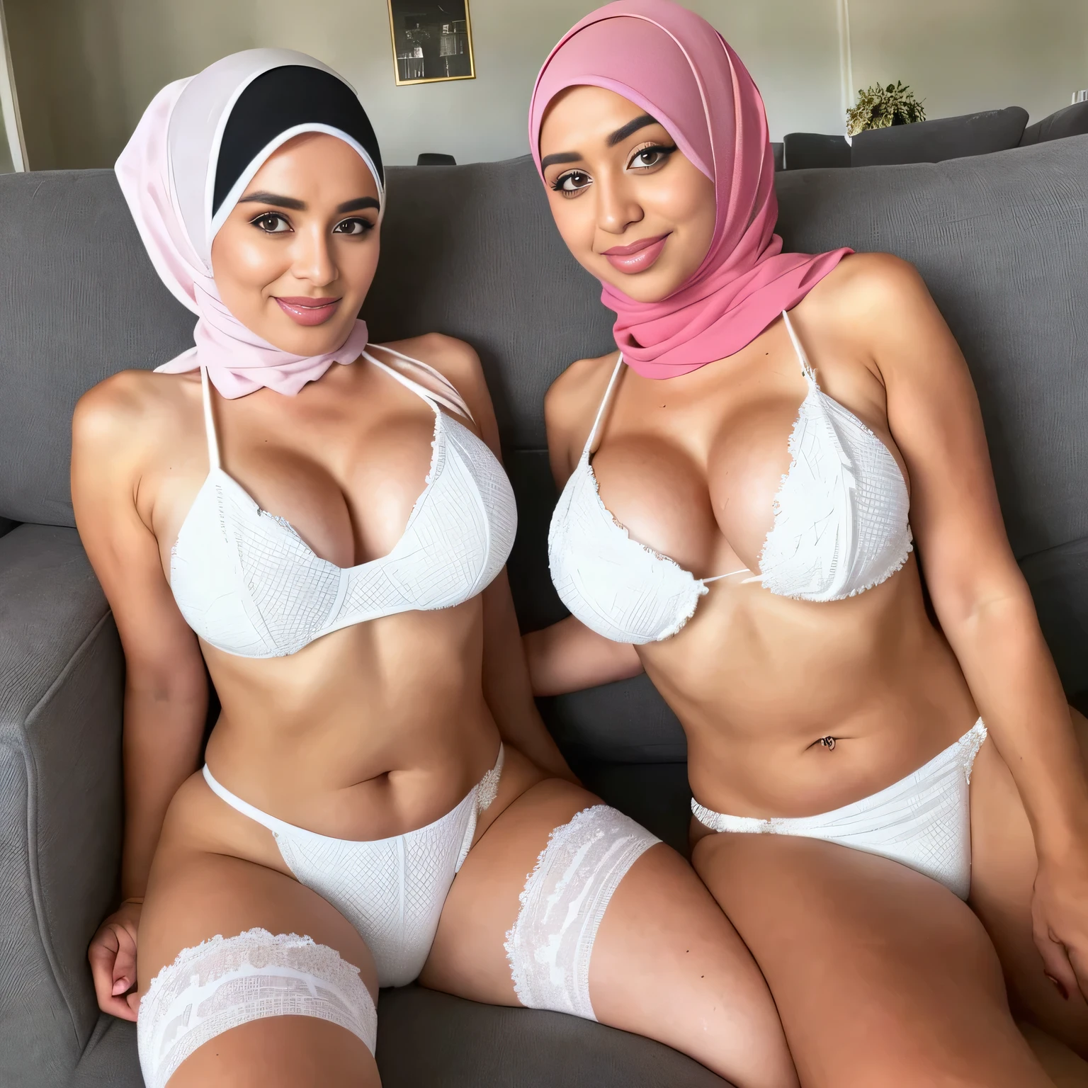 In a tastefully decorated living room, two huge busts sexually attractive mature (hijabi) (Muslim) MIILFs with sensual hourglass figures sit side by side on a plush sofa. Both women are of the same height and body proportion, radiating confidence and grace.
They exude elegance and modesty, (wearing white lace hijabs) that beautifully frame their faces. (White stockings) adding a touch of allure to their legs.
But what catches the eye is the unexpected sight of extremely daring (a white bikini), exposed their curves. It serves as a symbol of their confidence and self-expression, defying societal expectations and showcasing their unique style.
Their choice to wear the daring white bikini is a statement of sexual attraction, illustrating that modesty and sensuality are not mutually exclusive. It challenges preconceived notions and celebrates the ability to express oneself authentically while staying true to their cultural and religious beliefs.
As they sit comfortably together, their camaraderie and shared experiences are evident. Their presence is a testament to the strength and beauty of women embracing their cultural and religious identities while embracing their own version of femininity and sensuality.
she is looking at viewer, skin texture, ultra high res, RAW, instagram LUT, masterpiece, best quality, ultra-detailed, ultra high resolution, RAW, 4k, (looking at viewer), extremely detailed eyes and face, ((beautiful detailed nose)), ((beautiful detailed thigh)), ((beautiful detailed eyes)), perfect body proportion, (looking at the camera), seductive face, cheerful, happy, (hijab) (SFW:1.5), (five fingers), detailed fingers, slightly fat, wide hips