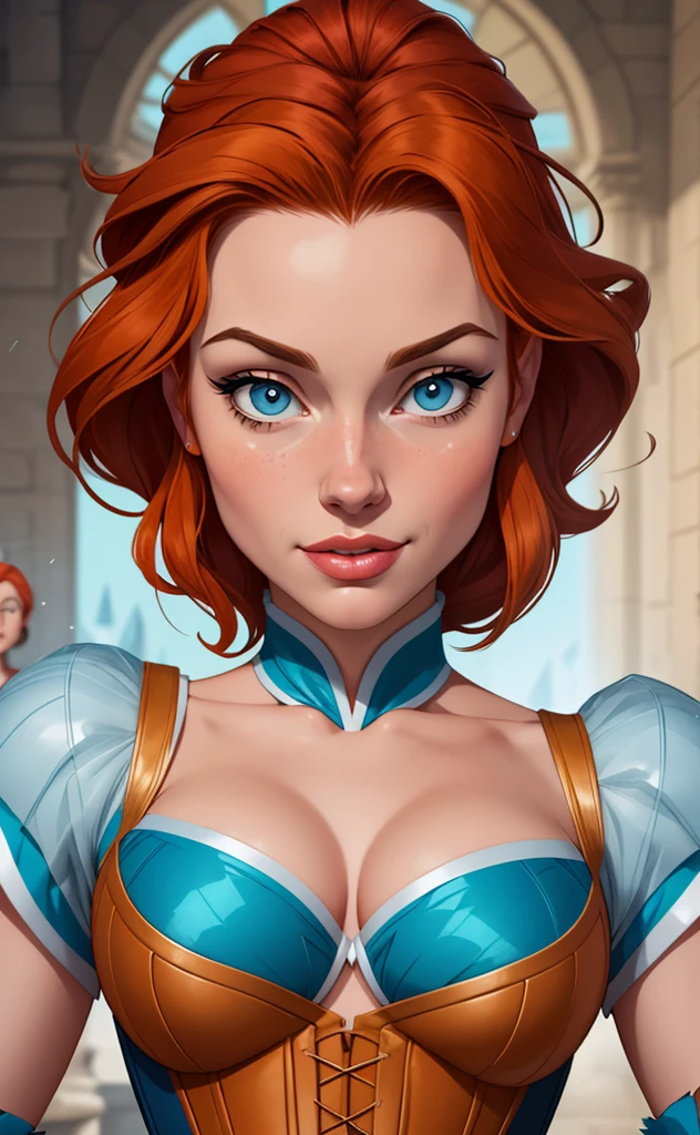 Beautiful portrait mode pose Cartoon character character in dynamic pose two women together redhead Queen Anna of Arendelle redhead with 1,60cm on the left and along with a symmetrical body with corset and beautiful breasts, corpo bem definido, delicado e sensual, estilo de desenho animado, digital illustration Portrait mode