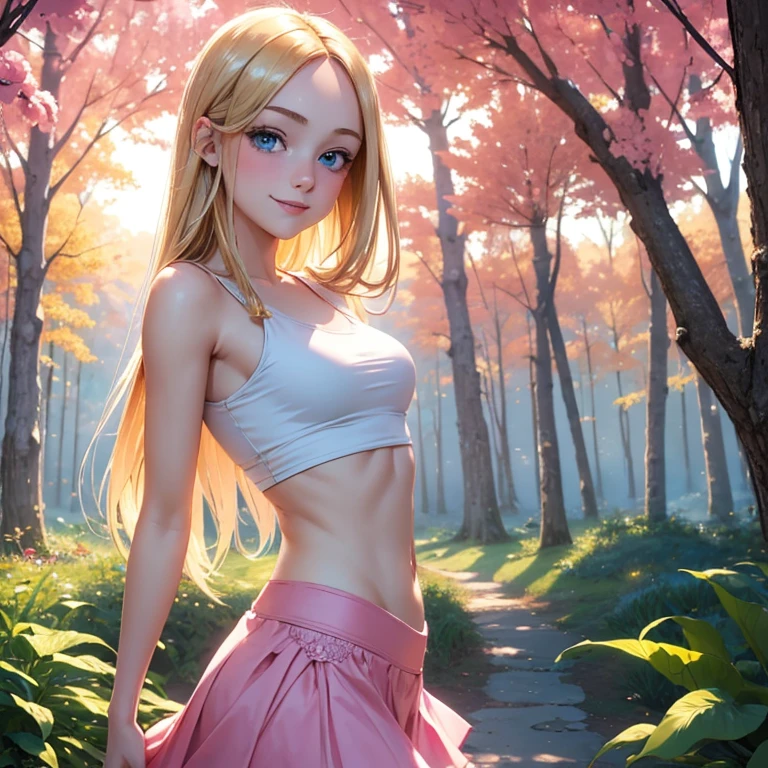 (masterpiece, best quality:1.4), (8K), Young blonde beauty, (((18 years old, neat girl))), detailed blue eyes, long eyelashes, blush, kind smile, upper body, crop top, small ass, slender thin legs, pink skirt, (looking at viewer), beautiful blonde hair, white-skinned, long hair, bangs, (medium size breasts), (mushroom forest, celestial forest, beautiful and magnificent pink sunshine, majestic sky), colorful natural light)
