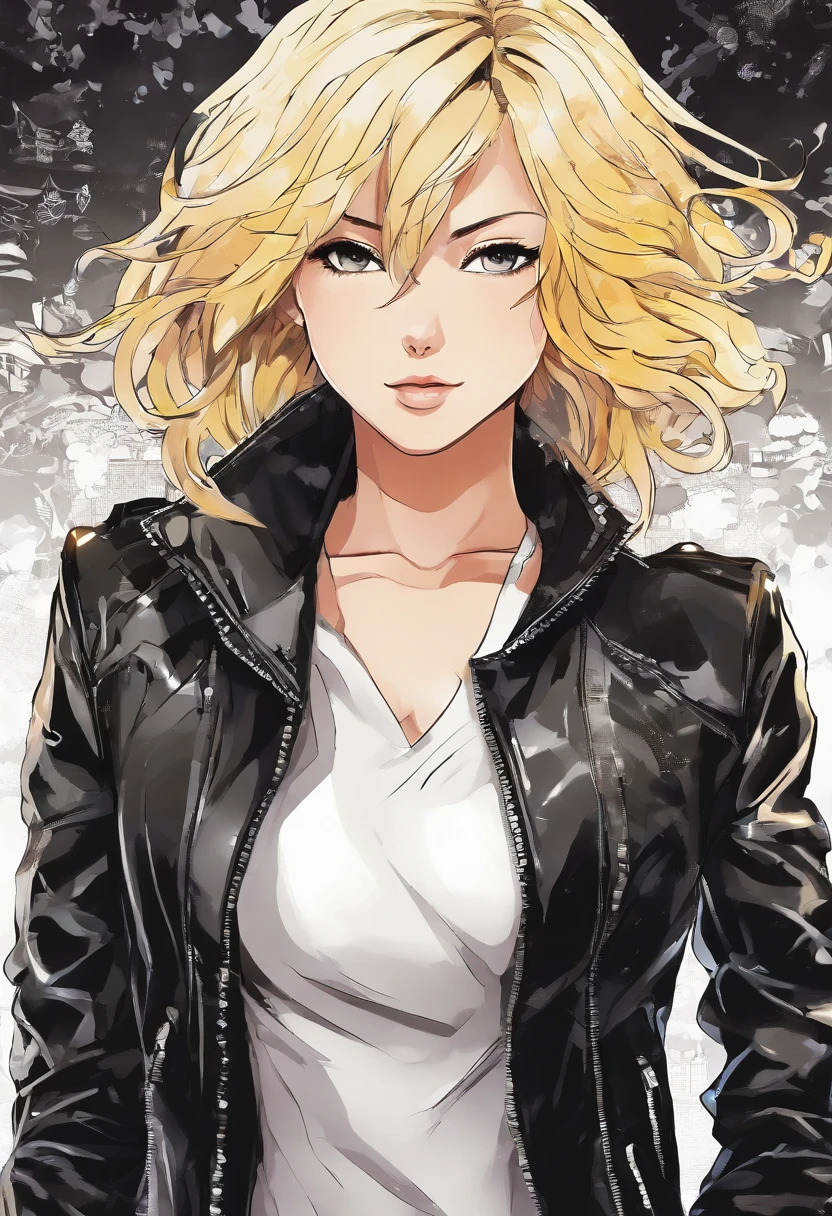 Woman, blonde, black leather jacket, white shirt, solid background