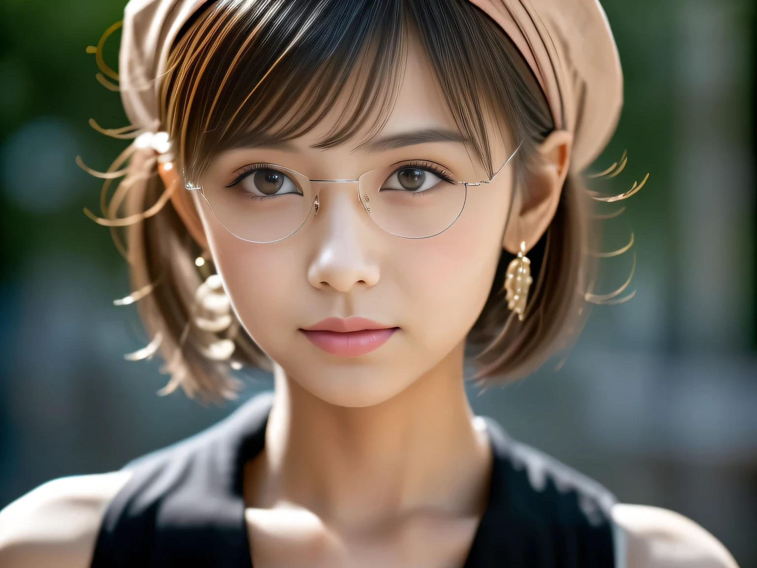 (Raw Photo), masterpiece, best quality, cinematic lighting, intricate composition,looking at viewer, 1 girl, cheek, earrings, short bob cut, Black-rimmed glasses, checked beret, summer muffler, blue brown contact lens, catch light on the eyes, pink lips,