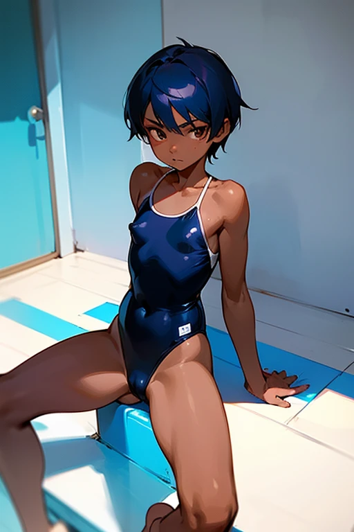 18 year old black man, Dark Skin、Visible nipples、Berry Short、boyish、small size of breasts, Flat Chest、Sidelim body, Squat posture、Spread your legs, Spread your legs, Only one girl, One piece swimsuit、Navy blue school swimsuit、Front of body、looking at the camera、I'm in despair、Scared、Are crying、Flowing Tears、Open Mouth、barefoot、incontinence、Girl urinating indoors、Nose hook、Armpits、Hands behind head