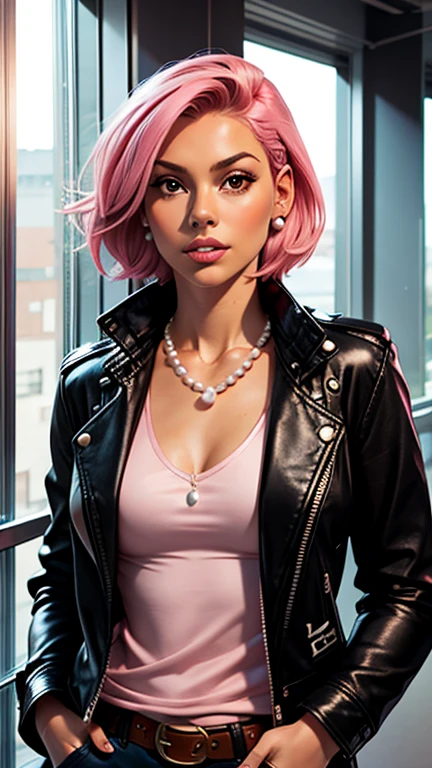 pink hair, necklace, jewelry, 1girl, 25 years old, solo, leather jacket, belt, earrings, brown eyes, hands in pockets, window, pearl necklace, white t shirt, open jacket, lips, short hair, black jacket