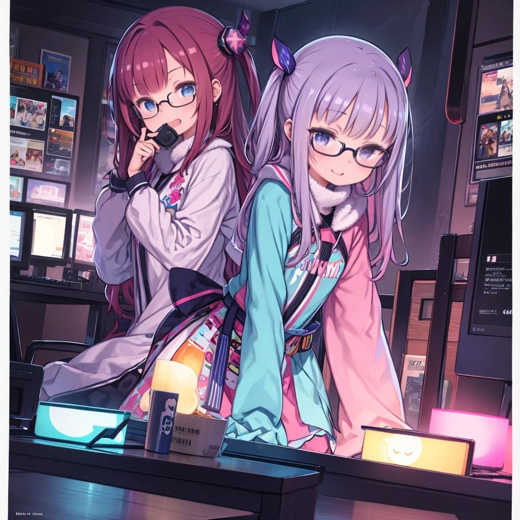 masterpiece、highest quality、High resolution、Very detailed、Medium wide shot、Cowboy Shot、Girl、Gamer、Game Commentator、Playing a game、Staring at your computer monitor、Leaning forward、laughing、Glasses、Glassesにモニターの映像が反射している、Dark Room、indoor、Flashy clothes、Colorful clothes、night、