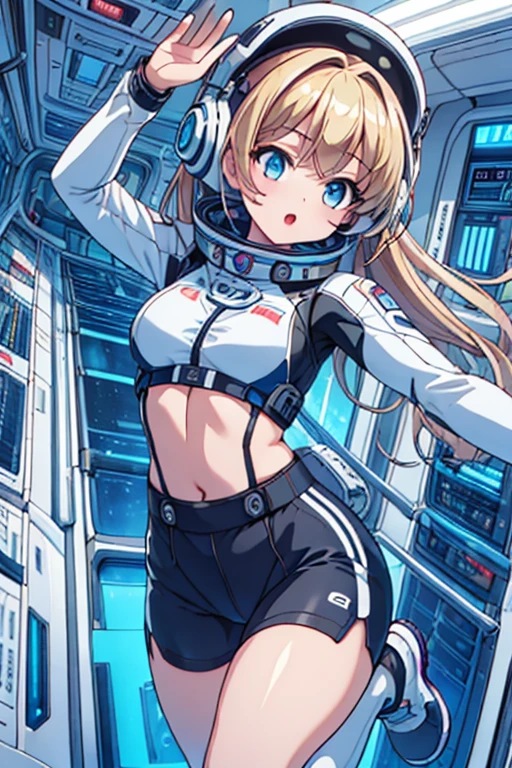top-quality,Top image quality,In 8k,4K,masterpiece,Ultra-detailliert,beautiful,Ultra-quality, best quality,expensive solve, Ultra-Familiar,game CG,dutch angle,(Acrobatic pose):5,Jumping:5,(inside spacestation,)beautiful Familiar eye,five refer,headphone,Browsing Caution,a beauty girl,(Astro Best):5,(Tracking unishapes),Wet,(vapor:1.5),Running shape,Open Open mouth,(Blonde),(Long Hair):2,belly button,space_station_interior, exercise_room, Futuristic, expensive_technology, zero_gravity_exercise_device, expensive_solve_landscape, Sophisticated_design, Minimal, 8k_solve, game_CG_style, Dutch_angle, Familiar_character, Tracking_unishape, perfection_running_shape, intense_performance, Familiar_eye, decide, vapor:1.5, beauty, strength, five_refer, appear_belly button, Open_mouth, Ultra_quality, expensive_solve, Ultra_Familiar,Astro Best