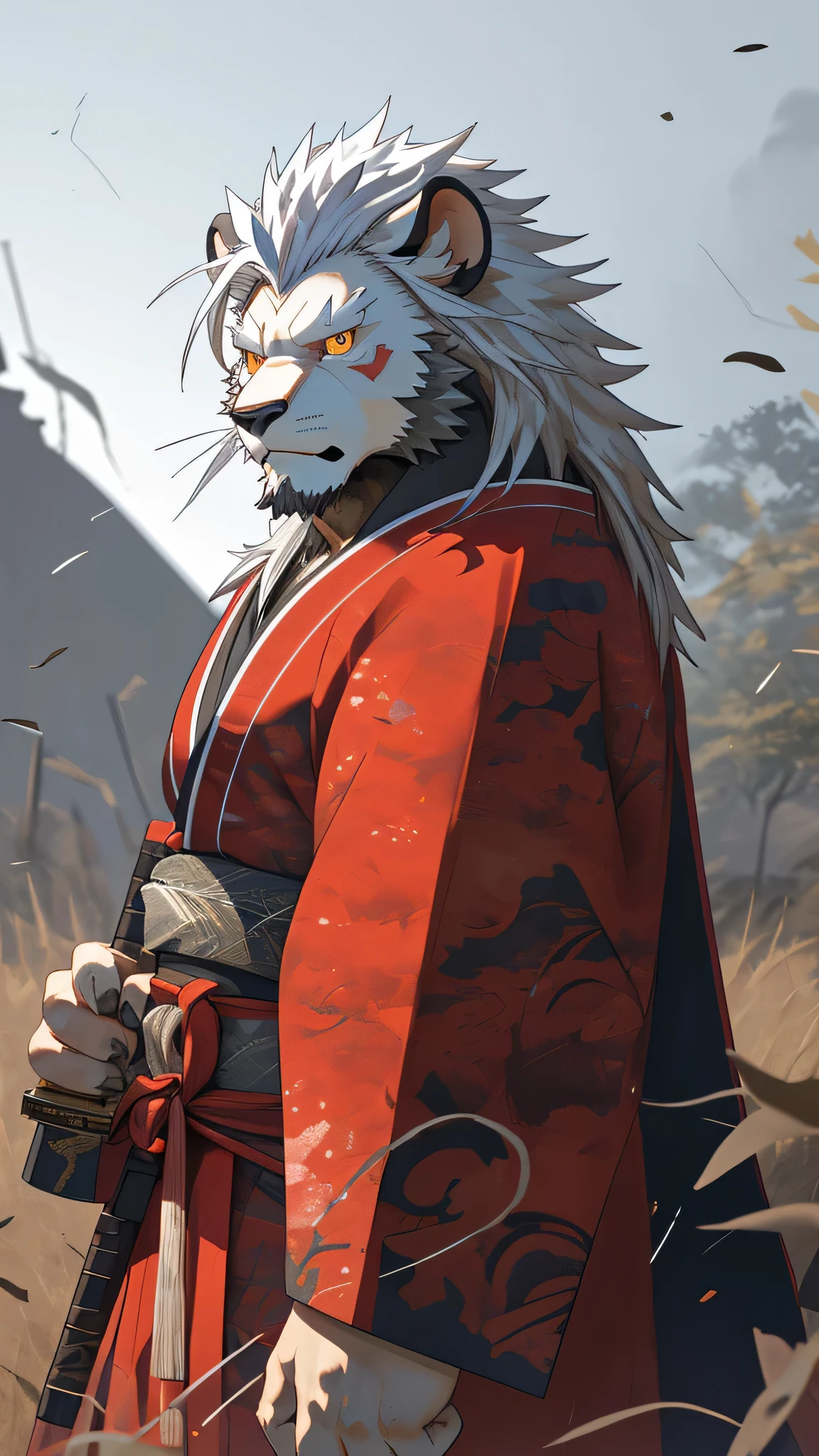White Lion, black and white mane, game cg, 4k, muscle, naked, right on camera, male, furry, anthor, Golden eyes, Japanese Sengoku general costume, combat posture, samurai sword in hand, battlefield background, dark red color