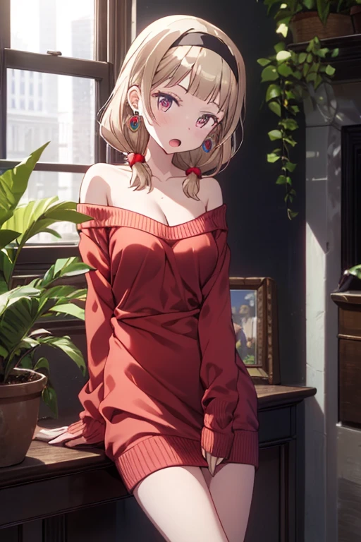 masterpiece, yor, 1girl, Bust A Cup, Amazing Cleavage:1.0, thin waist, big ass, Raised sexy, medium breast: 1.0 posed cleavage:1.2、solo, looking at viewer, open mouth, black hair, red eyes, dress, bare shoulders, jewelry, collarbone, sidelocks, hairband, earrings, indoors, off shoulder, :o, sweater, arms behind back, plant, short hair with long locks, white hairband, off-shoulder dress, sweater dress, off-shoulder sweater, red sweater, big side hair, very long side hair,is rendered in (masterpiece: 1.2, best quality), with (ultra high resolution) and an exquisite (depth of field). This masterpiece is not only visually stunning but also tells