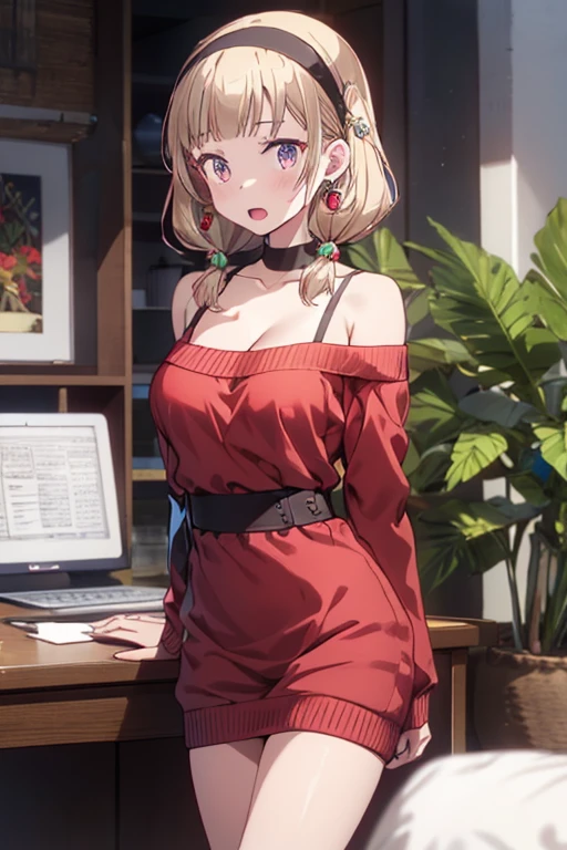 masterpiece, yor, 1girl, Bust A Cup, Amazing Cleavage:1.0, thin waist, big ass, Raised sexy, medium breast: 1.0 posed cleavage:1.2、solo, looking at viewer, open mouth, black hair, red eyes, dress, bare shoulders, jewelry, collarbone, sidelocks, hairband, earrings, indoors, off shoulder, :o, sweater, arms behind back, plant, short hair with long locks, white hairband, off-shoulder dress, sweater dress, off-shoulder sweater, red sweater, big side hair, very long side hair,is rendered in (masterpiece: 1.2, best quality), with (ultra high resolution) and an exquisite (depth of field). This masterpiece is not only visually stunning but also tells