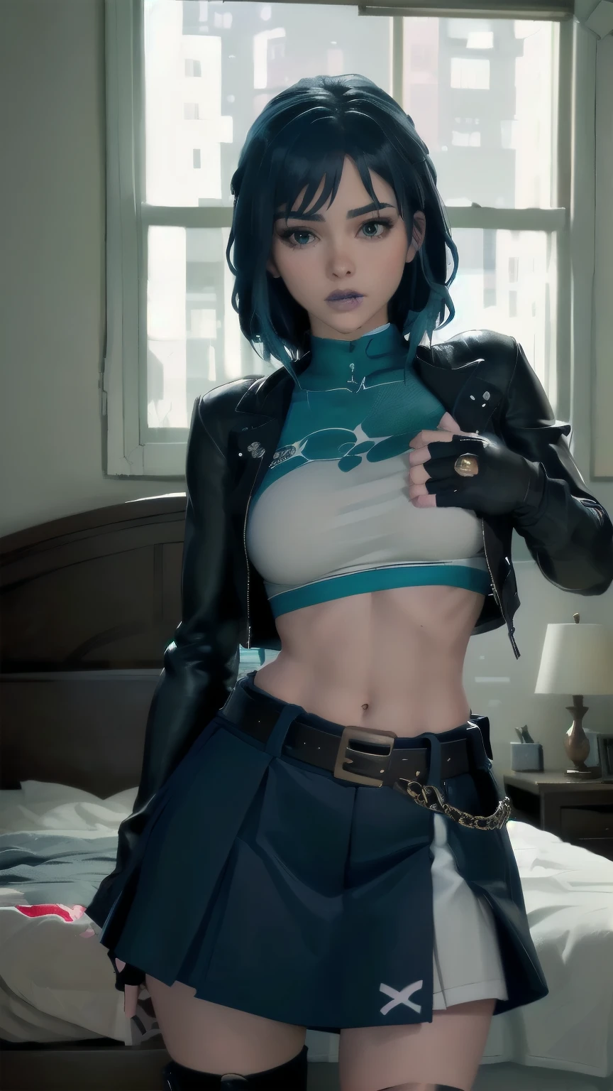 (masterpiece,best quality,absurdres,beautiful,sharp,detailed),cinematic angle,1girl,hopefn,blue lips, navel, blue hair, jacket, skirt, belt, fingerless gloves, in a bedroom, kabedonpov, grabbing veiwer pov, closer to the pov, 