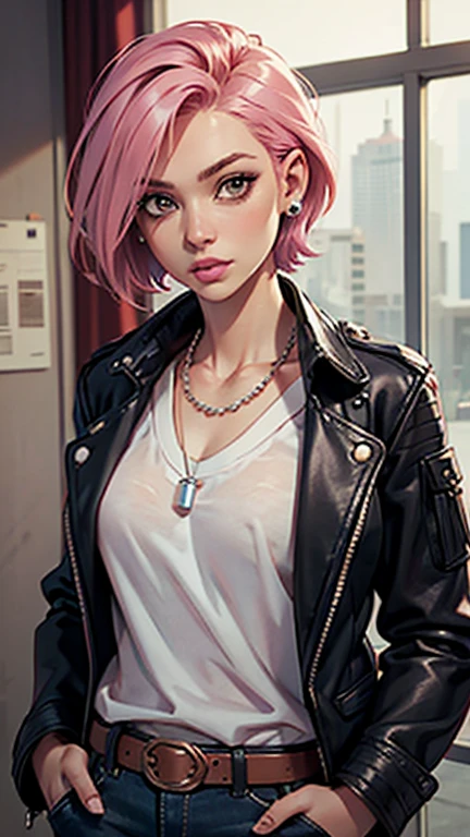 pink hair, necklace, jewelry, 1girl, 25 years old, solo, leather jacket, belt, earrings, brown eyes, hands in pockets, window, pearl necklace, white t shirt, open jacket, lips, short hair, black jacket