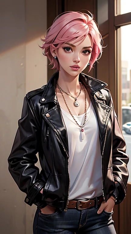 pink hair, necklace, jewelry, 1girl, 25 years old, solo, leather jacket, belt, earrings, brown eyes, hands in pockets, window, pearl necklace, white t shirt, open jacket, lips, short hair, black jacket