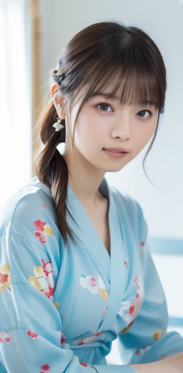 masterpiece、highest quality、8k,Ultra-high resolution、RAW Photos、Ultra-high resolution、日本people々々、beautiful girl、1people、woman, (Flower Hair Ornaments,Braided top knot,Twisted Side Part Ponytail Braided Headband,Half Up、Braided Space Van,Voluminous fishtail braid,Twisted pan),(Asymmetrical bangs)、 (Ultra-realistic),Round face、 Fine and beautiful eyes, Hanging eyes、double eyelid、Thin eyebrows、Red makeup around the eyes、Heavy dolly make-up、Thin lips, (A short yukata(Light blue floral pattern on white background))、 A kind smile, Professional photography, Cinematic Light, (Very beautiful face: 1.2),(Large Breasts:1.4)、Saggy breasts、Cleavage、Exposed thighs、Voluptuous thighs、smooth calves、、daytime office、In front of the computer、sitting in an office chair、Head to knee photo