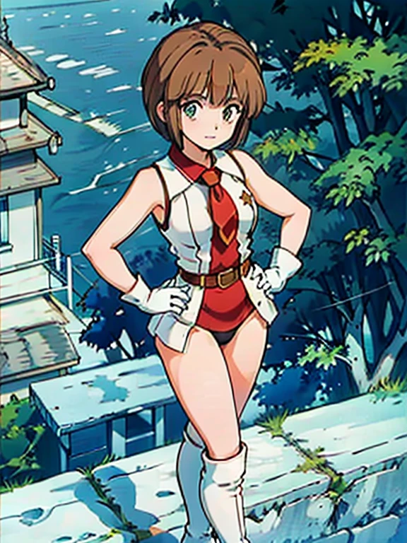 1girl, medium breasts, leotard, white and red leotard, bare legs, tight belt, boots, matching boots, knee boots, white boots, gloves, white gloves, city backdrop, tokyo city backdrop, solo, single, hands on hip, standing, full body shot, cowboy shot, superhero, beautiful detailed eyes, mature lady, star symbol on chest, brown hair, short hair, Bob hair, sleeveless, perfect anatomy, masterpiece, high quality