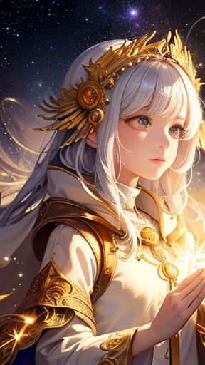 (masterpiece, highest quality, highest quality, Official Art, beautifully、aesthetic:1.2), (1 girl), Very detailed, (Fractal Art:1.3), colorful, Most detailed, Perfect Face, Upper Body, High resolution, (pray:1.3), (Golden lines in a white cloak:1.2), milky way, (Streaks of Light), Impressive visuals, (Dynamic Streaks, Path of Light:1.2), Bright colors,