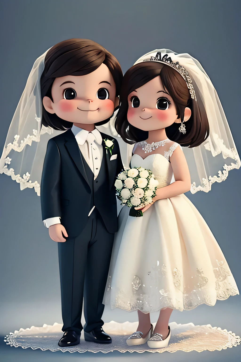 wedding couple, cute, dark hair, full body, white background